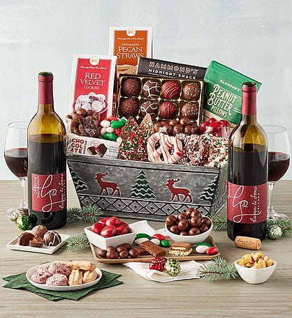 Deluxe Holiday Sweets Gift Basket with Wine Duo